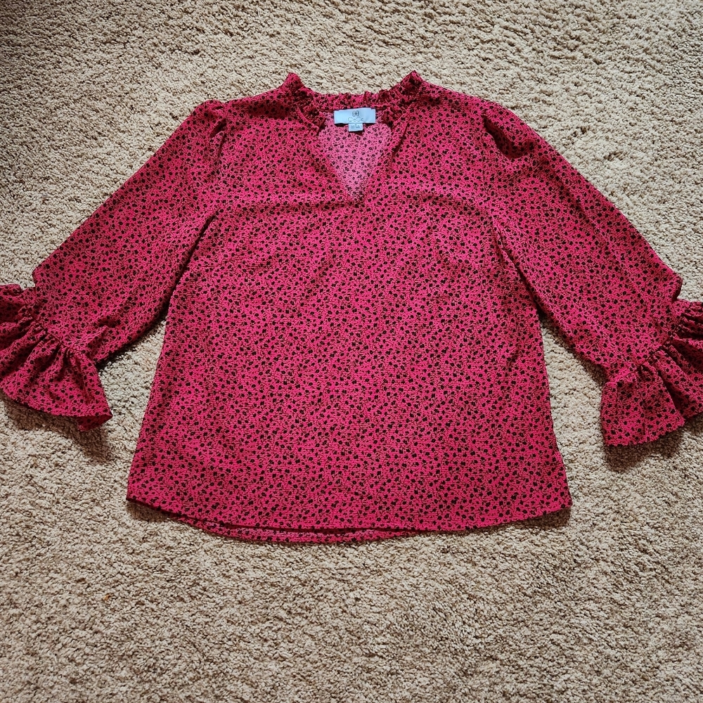 CeCe Ruffle Collar V-Neck ¾Length sleeve blouse Size M Colors magenta & black - Picture 2 of 13